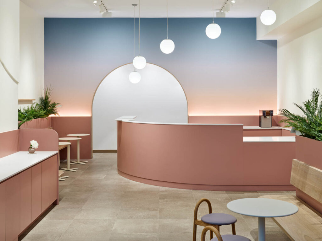 The pink interior of Lazy Sundaes cafe by Alda Ly Architecture