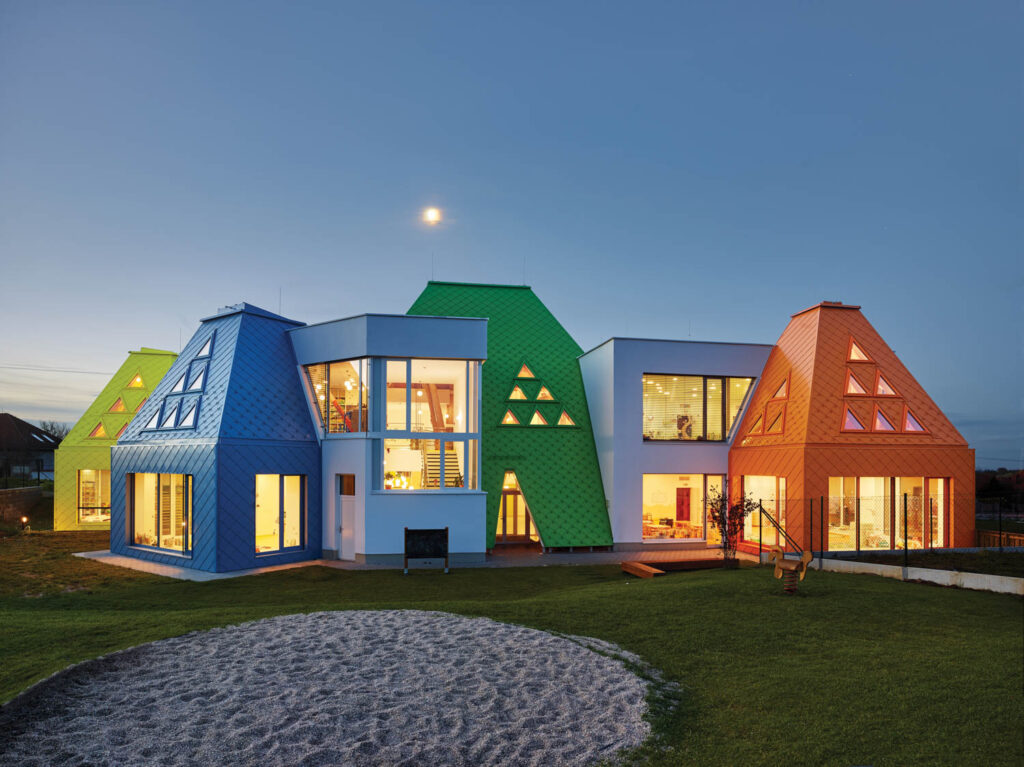 colorful, storybook-like pagodas make up this primary school in the Czech Republic