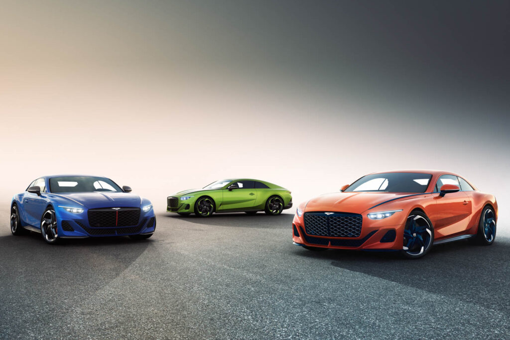Three models of the Bentley Batur in blue, green and orange