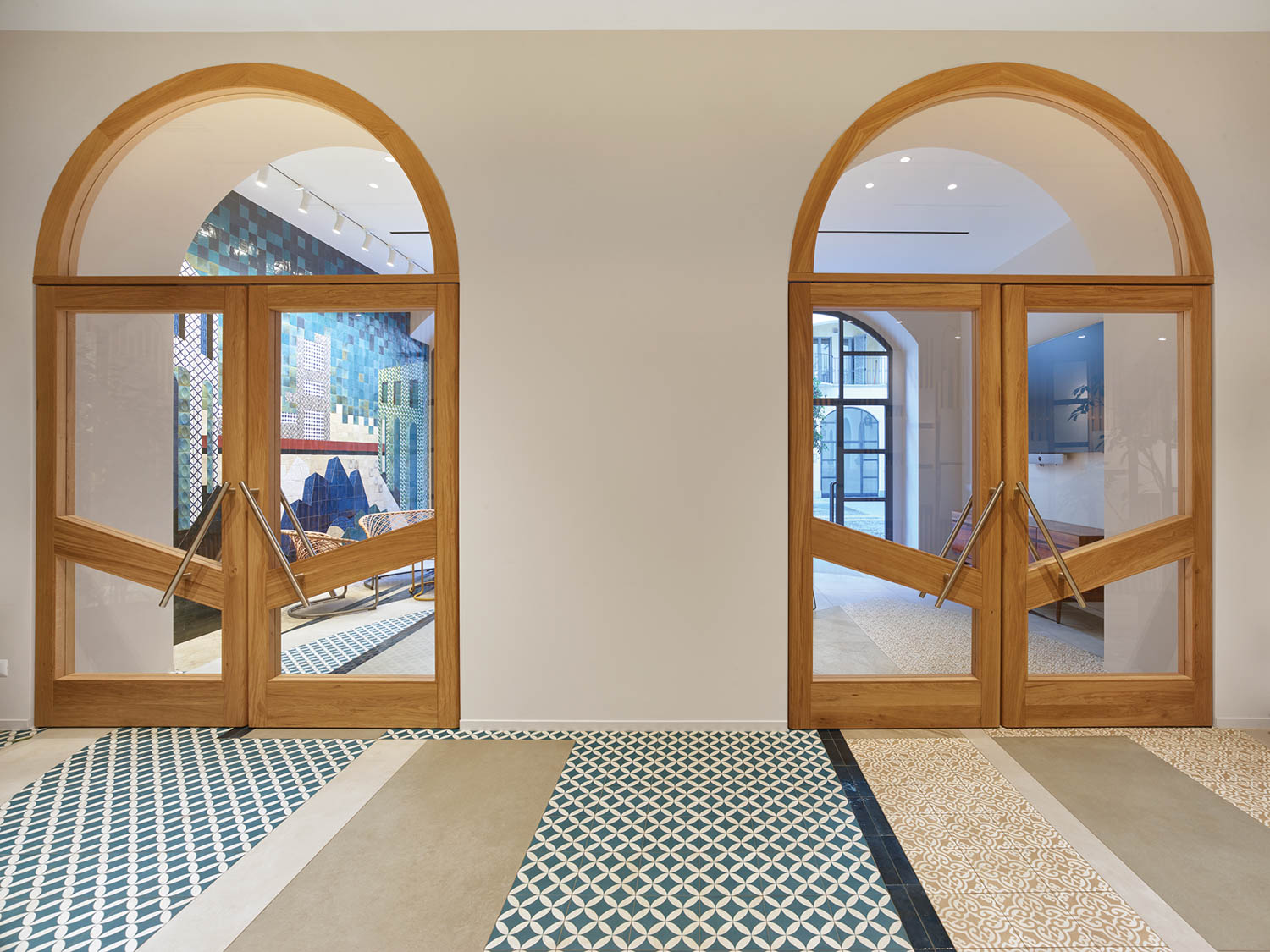 symmetrical arched doorways in a ceramics supplier store