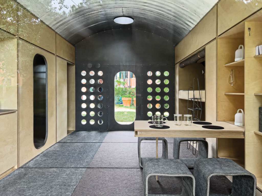 inside a semipermanent dwelling that is a prototype for displaced people