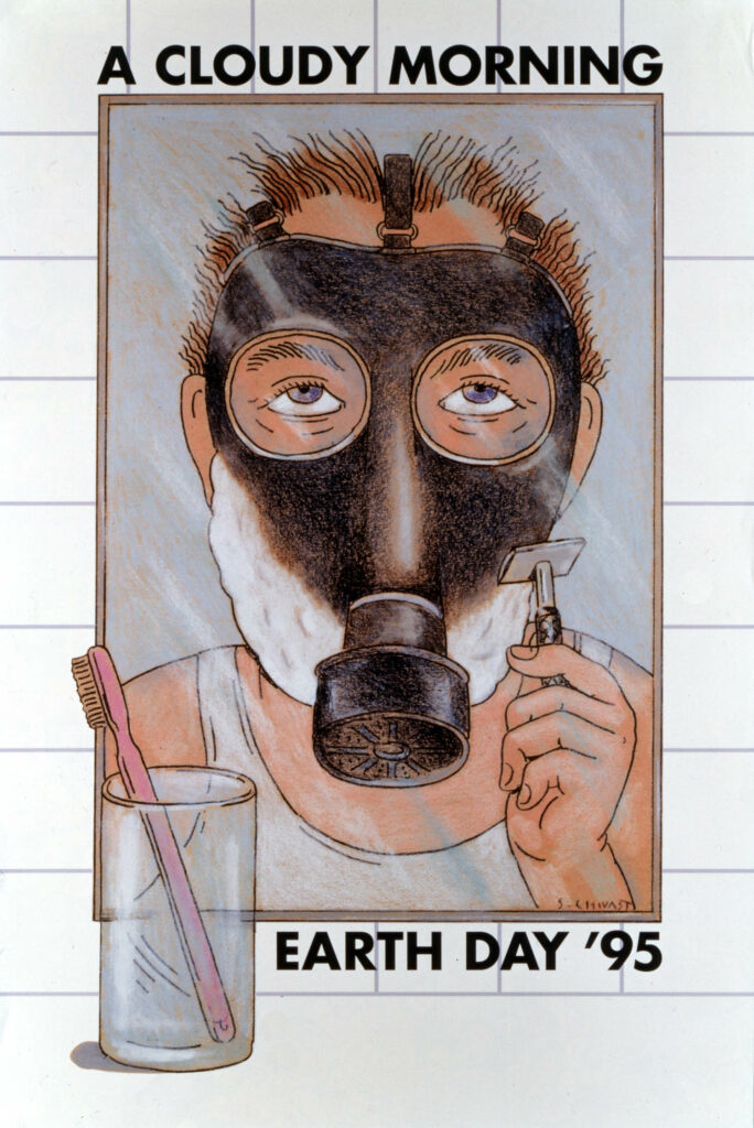 A poster of a person wearing a gas mask
