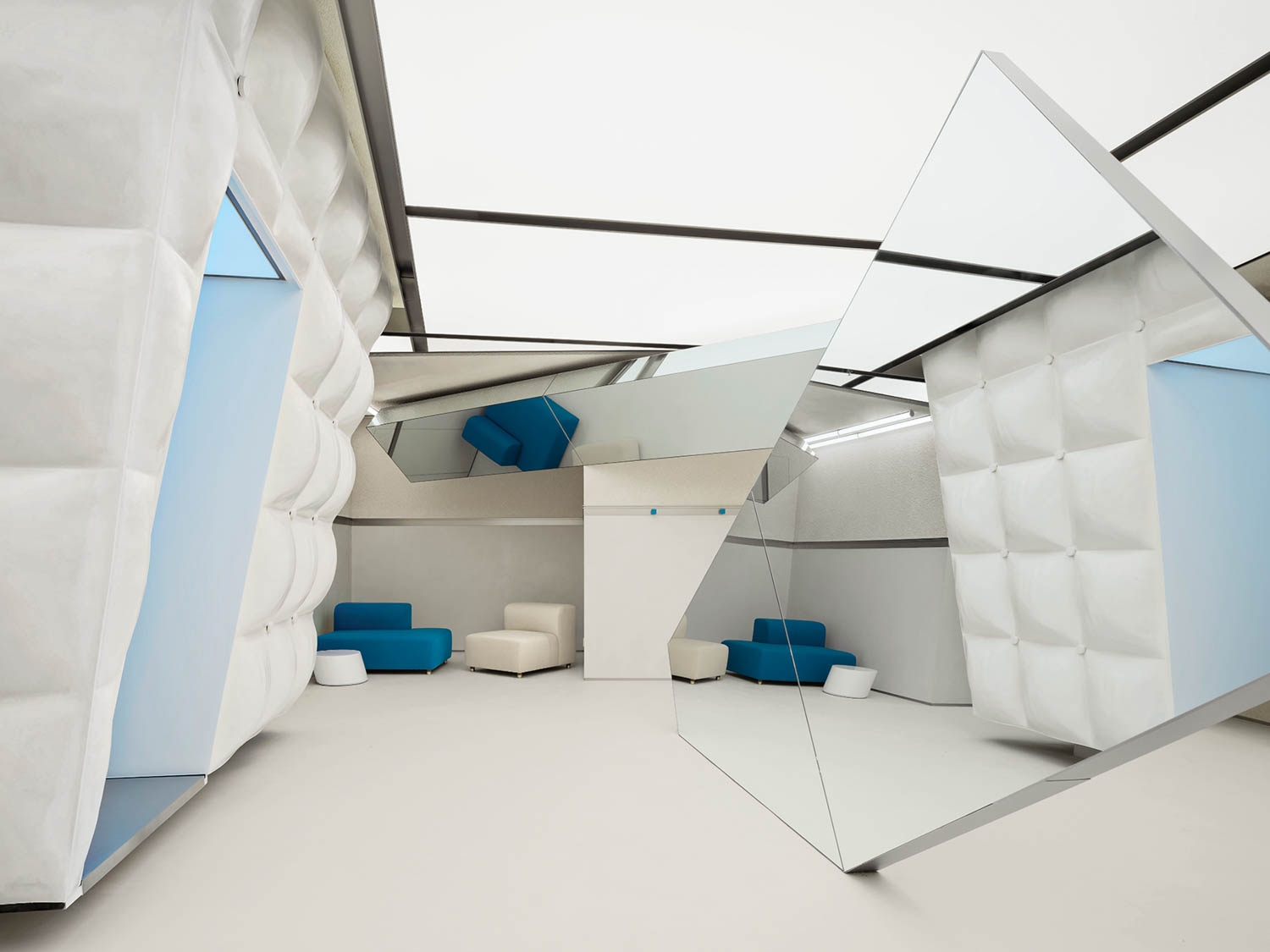 quilted-coat like surfaces and angled mirrors make up the space in Skypeople