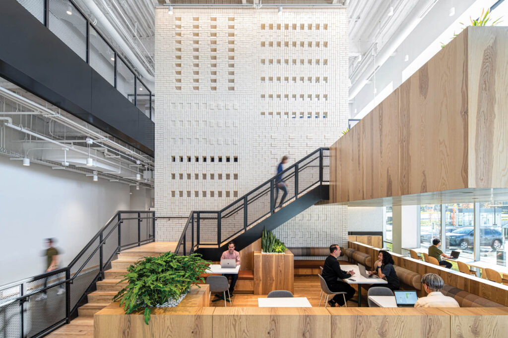 a workspace surrounded by stairs in the LinkedIn office