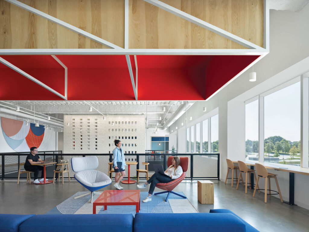 a red acoustic canopy over a coffee bar in a second floor lounge at LinkedIn in Nebraska