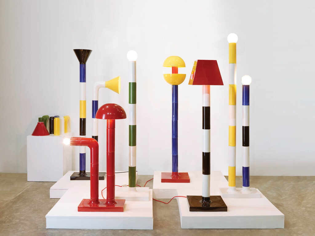 modular ceramic lamps in vibrant primary colors