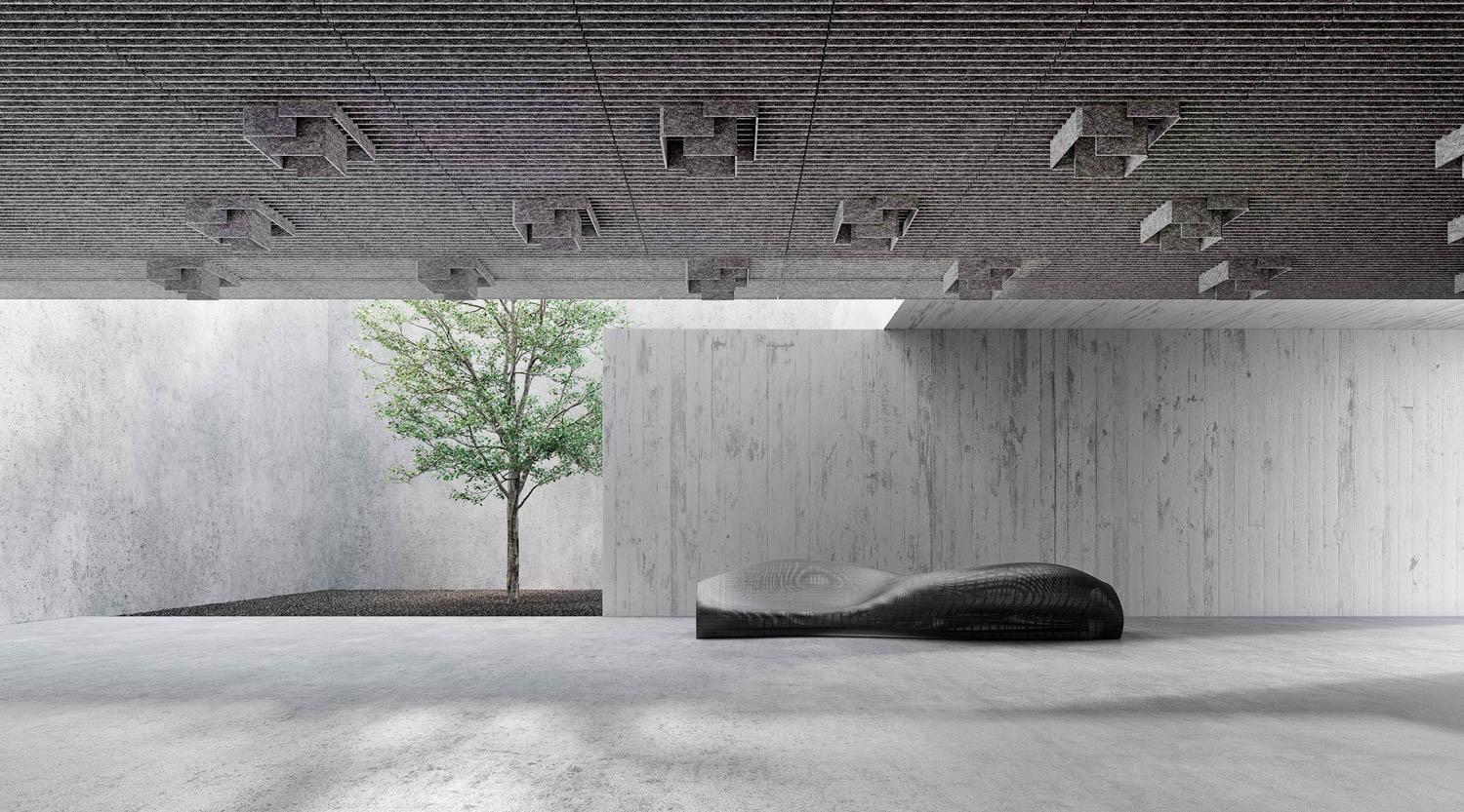 PET baffles in a gray open space with a tree