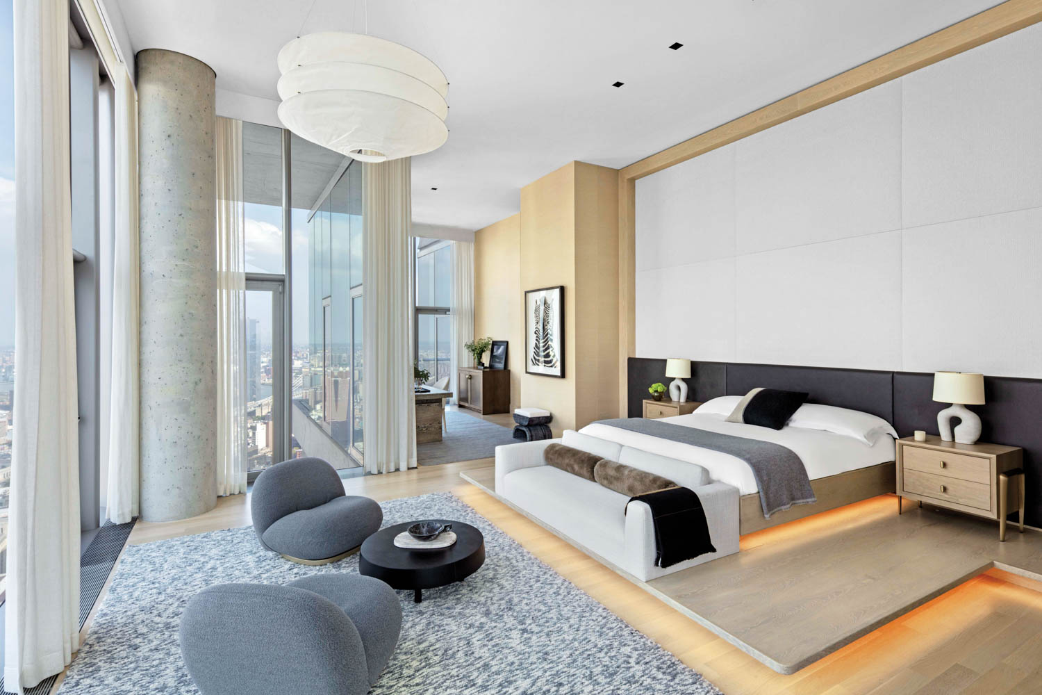 an airy bedroom in a penthouse by Meyer Davis