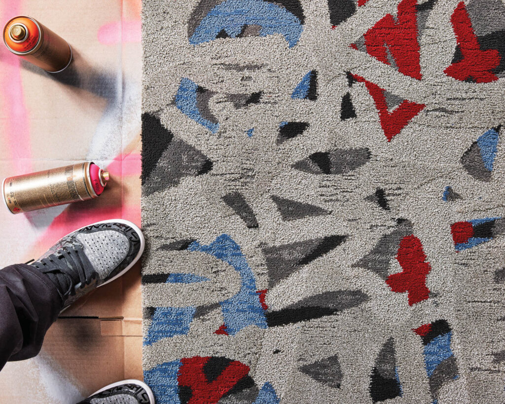 graffiti-like blue, grey, and red stripes in one of the patterns for the Mike Ford x Shaw Contract collection