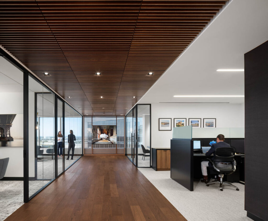the main corridor of Mohr's Dallas headquarters with oak flooring