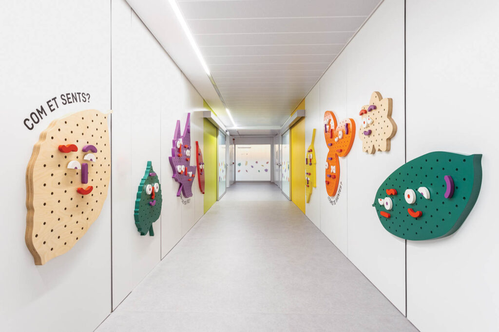 walls with interactive installations of characters on them